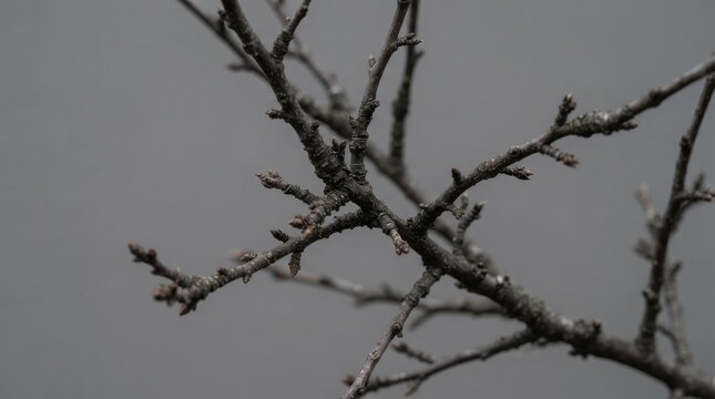 Bare tree branches with tiny buds against a gray sky