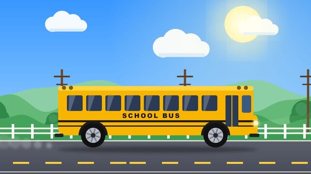 Vibrant yellow school bus embarking on its daily educational journey under a bright sunny sky, symbolizing the exciting path of learning and student life for children