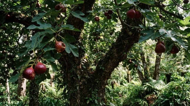 Ripe figs hanging on a fig tree branch in a lush forest