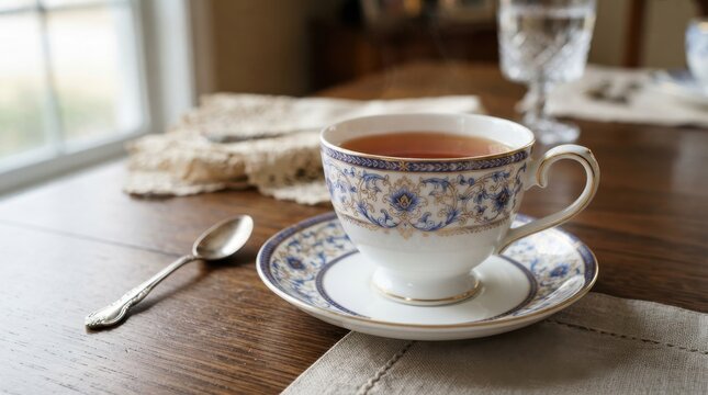 Elegant porcelain teacup and saucer with blue and gold pattern on a wooden table