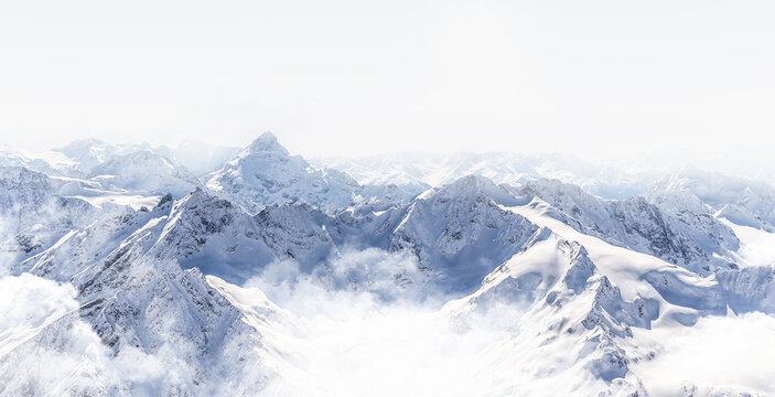 Panorama of winter mountains in Caucasus region, Russia, view from Elbrus mountain