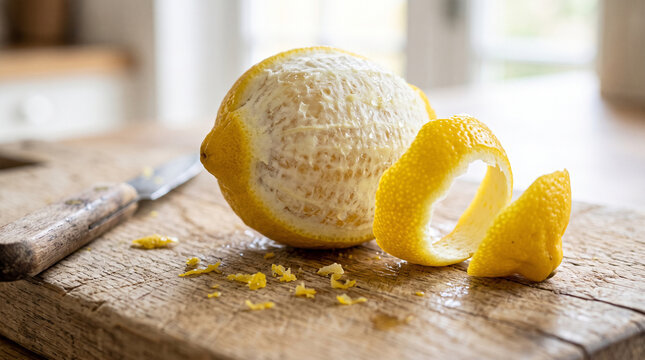 Close-Up of Partially Peeled Yellow Lemon with Curled Citrus Peel on Rustic Wooden Board