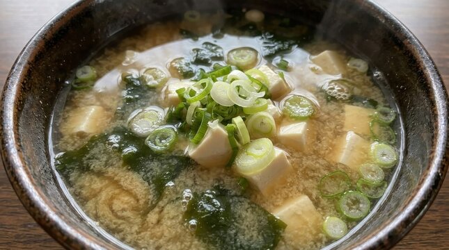Hot miso soup with tofu, seaweed, and green onions in a ceramic bowl