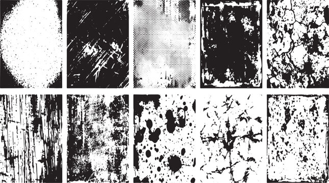 Set of ten black grunge textures vector collection with various distressed patterns