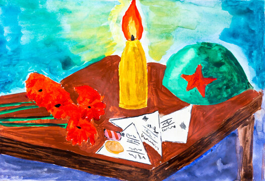 Water color drawing of letters from war, a medal and helmet