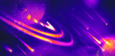 Purple cosmic background, neon ringed planet with falling meteors, neon cosmic background, purple orange galaxy with neon shooting stars, neon meteor shower, purple sci fi space banner © Tatsiana Shvaidziuk