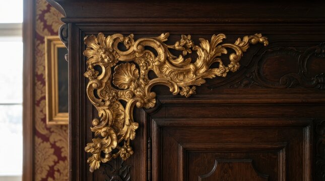 Ornate gold leaf wood carving on antique wooden furniture