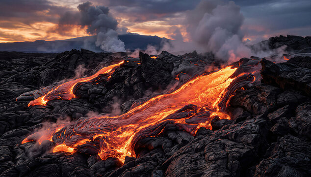 Glowing Volcanic Lava Eruption