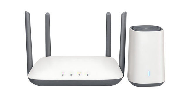 Modern wireless network routers and internet communication devices isolated on white background