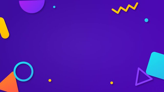 Vibrant indigo presentation background with colorful geometric shapes for title intro and opener.