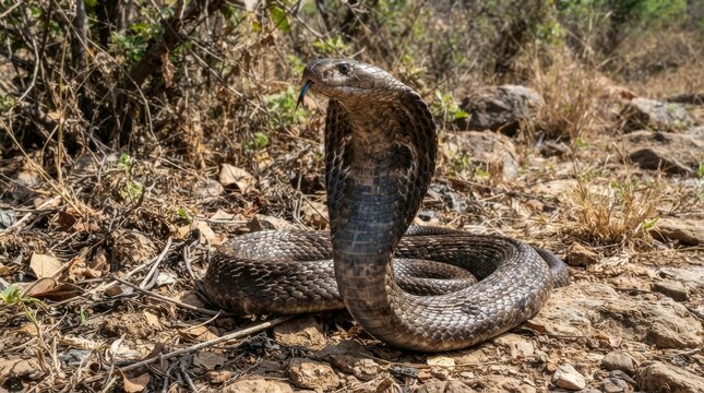 Indian cobra raised with hood spread on rocky ground in nature