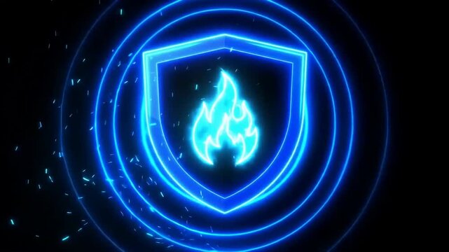 Glowing sapphire-blue shield warning emblem with flame symbol and pulsing rings on dark background