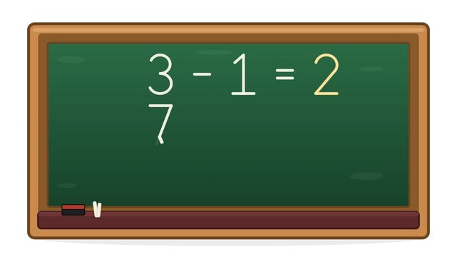 Green chalkboard with a handwritten math problem a fraction subtraction equation, symbolizing education, knowledge, and classroom learning for students