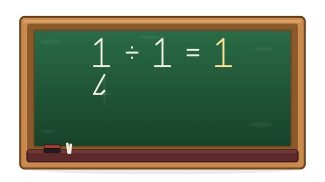 An essential mathematical division problem, 1 &divide; 1 = 1, presented with clarity on a green chalkboard, illustrating core educational principles