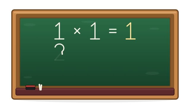 Green chalkboard displaying a basic fraction multiplication problem, 'one-half times one equals one,' with a question mark beneath the denominator, for educational arithmetic query concepts