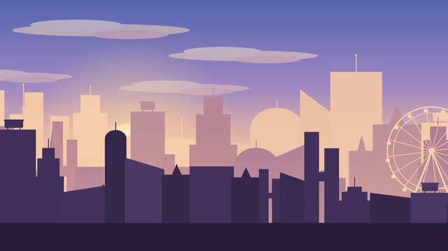 Evocative urban skyline silhouette at dusk, featuring towering modern buildings and a large Ferris wheel under a serene, colorful evening sky, a concept illustration