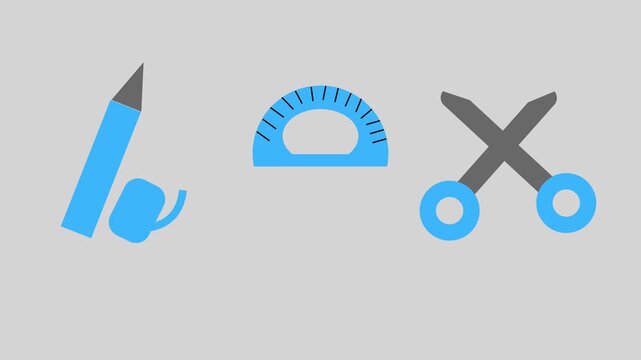 Animated Blue Scissors, Pencil and Protractor Set on Gray Background