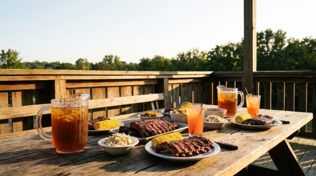 A barbecue dinner with ribs and corn sits on a wooden deck table outdoors.