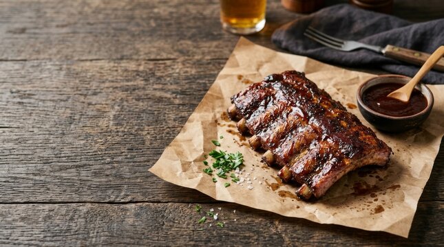 Delicious grilled barbecue pork ribs sit on paper with a small bowl of sauce.