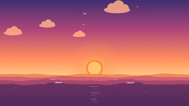 Vibrant pixel art sunset over the ocean with a colorful sky and peaceful reflections, creating a serene digital landscape perfect for backgrounds and artistic projects