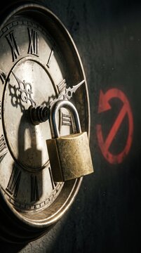 Autumn daylight saving time ends with a locked analog clock featuring a red reverse symbol. This conceptual image illustrates the debate over seasonal time changes.