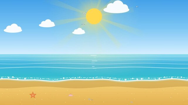 Bright cartoon illustration of a serene summer beach, showcasing a calm blue ocean, golden sandy shore, shining sun with rays, and fluffy clouds, perfect for tropical vacation designs