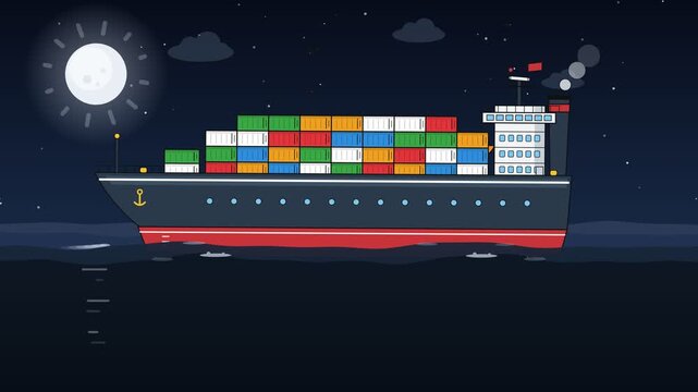 Flat illustration of a large container ship carrying colorful freight, sailing the night ocean under a full moon, symbolizing global logistics and maritime trade