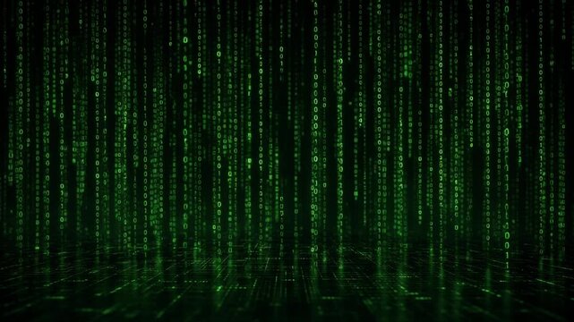 Digital Rain A Visual Symphony of Cascading Binary Code Representing the Matrix of Information Flow and Technological Advancement in a Dark, Enigmatic Environment