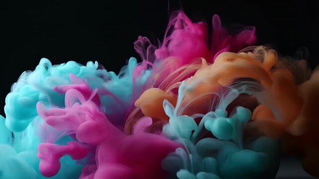 60 FPS Macro ink clouds in water cyan magenta and orange plumes billowing on black background