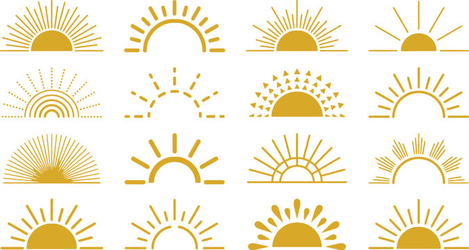 Sunrise icon set featuring golden sun rays, half circles, and beams in a flat vector design
