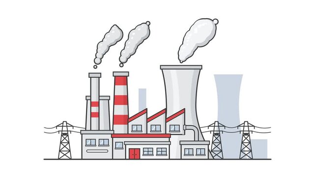Industrial factory complex with smoking chimneys, cooling tower, and power lines representing manufacturing, energy production, and potential environmental impact