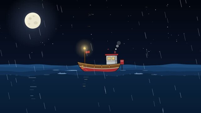 A lone fishing boat navigates the dark, rainy ocean under a full moon, its guiding light piercing the night, an illustrative scene of maritime perseverance and nocturnal adventure