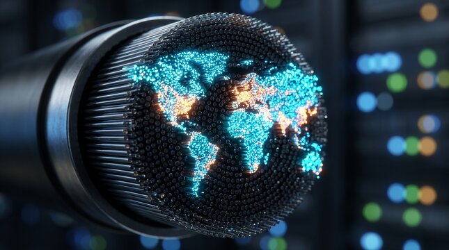 Macro photograph of illuminated fiber optic cable tips forming a glowing world map, representing global connectivity, telecommunications, and data transfer.
