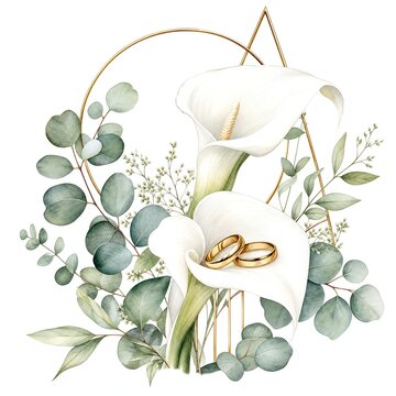 Gold Wedding Rings Resting On A White Calla Lily Watercolor