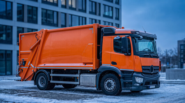 bright orange garbage truck parked on a spacious area near modern residential or office complex in cold winter day clean snow lies around automobile of municipal service company