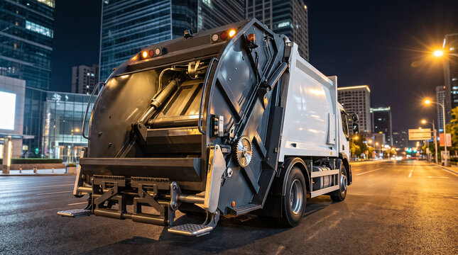 white garbage truck located on a wide avenue of night metropolis bright lights of street lamps and glowing windows of skyscrapers create beautiful urban landscape during night duty