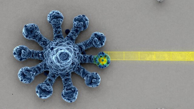 rendering spherical object yellow line right side object appears small interconnected spheres arranged symmetrical pattern spheres blue color spiral like design center yellow line curved extends top