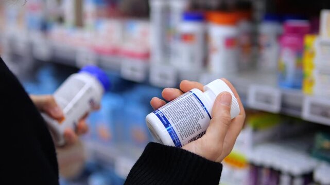 Shopper compares medicine bottles in pharmacy aisle, turning packages to read labels. Careful medication selection highlights overdose prevention and importance of checking products before use.