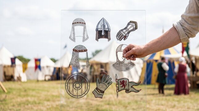 Medieval armor and knight equipment concept, hands interacting with icons of helmet, chainmail, gauntlet, shield, and flag, historical reenactment, armor curation, costume design