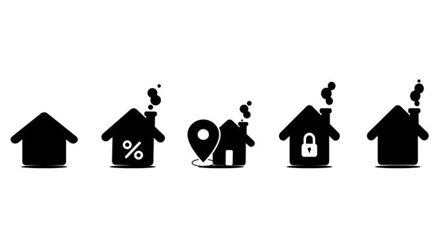 Stylish conceptual set of home and property icons, depicting various real estate aspects including secure housing, precise location, financial investment, and general ownership concepts