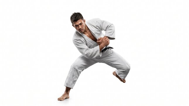 Karate practitioner in a fighting stance is captured in a dynamic sports pose with movement in focus. The uncluttered setting suits sports articles, fitness campaigns, and coaching materials.