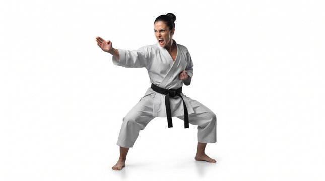 Karate practitioner in a fighting stance is captured in a dynamic sports pose with movement in focus. The uncluttered setting suits sports articles, fitness campaigns, and coaching materials.