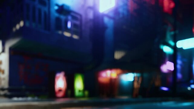 The scene shows a city street at night filled with colorful lights. Buildings with signs and vivid colors create a lively atmosphere. The ground is wet, suggesting recent rain.