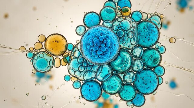 Abstract microbiological background featuring luminous microbes and glowing bacterial shapes, vibrant neon colors, microscopic organisms, cellular patterns, scientific visualization, biotechnology, me