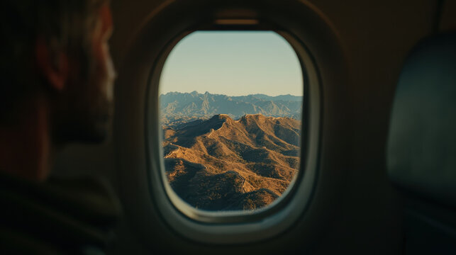 Great Wall of China seen from an airplane window. Air travel, sightseeing flight and bucket list China tourism