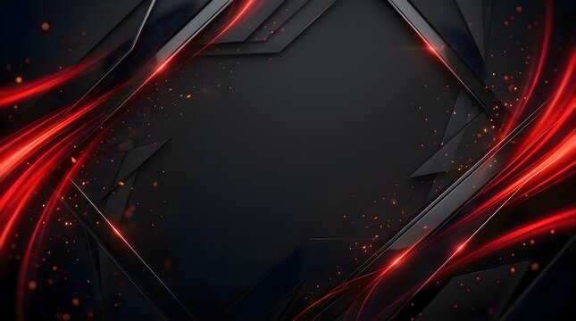 Abstract dark background with glowing red light streaks and modern geometric frame design