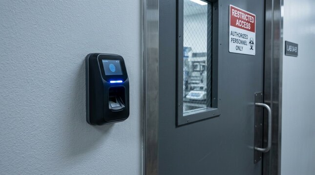 Fingerprint scanner beside laboratory door with blue status light, biometric authentication security