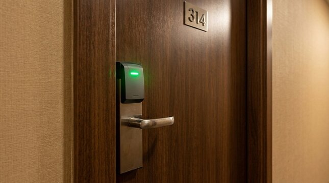Hotel room door with card reader and green light, keyless entry and hospitality security
