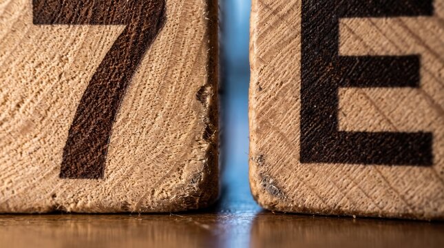 Macro close up of wooden blocks with number seven and letter E texture details