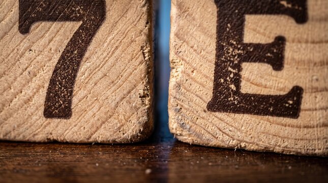 Extreme close up macro shot of wooden block textures showing number seven and letter E